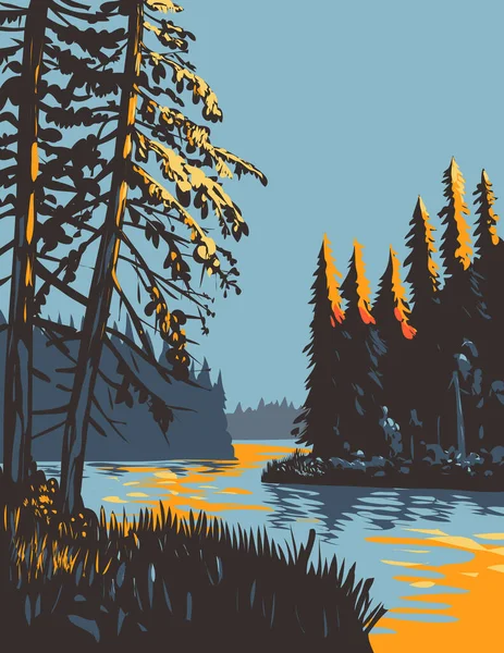 Wpa Poster Art Lake Waskesiu Prince Albert National Park Crepúsculo —  Vetores de Stock