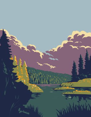 Kanada 'nın Bonavista Körfezi boyunca Kanada' nın Newfoundland ve Labrador eyaletlerindeki Newfoundland 'ın doğu kıyısındaki Terra Nova Ulusal Parkı' nın WPA poster sanatı.