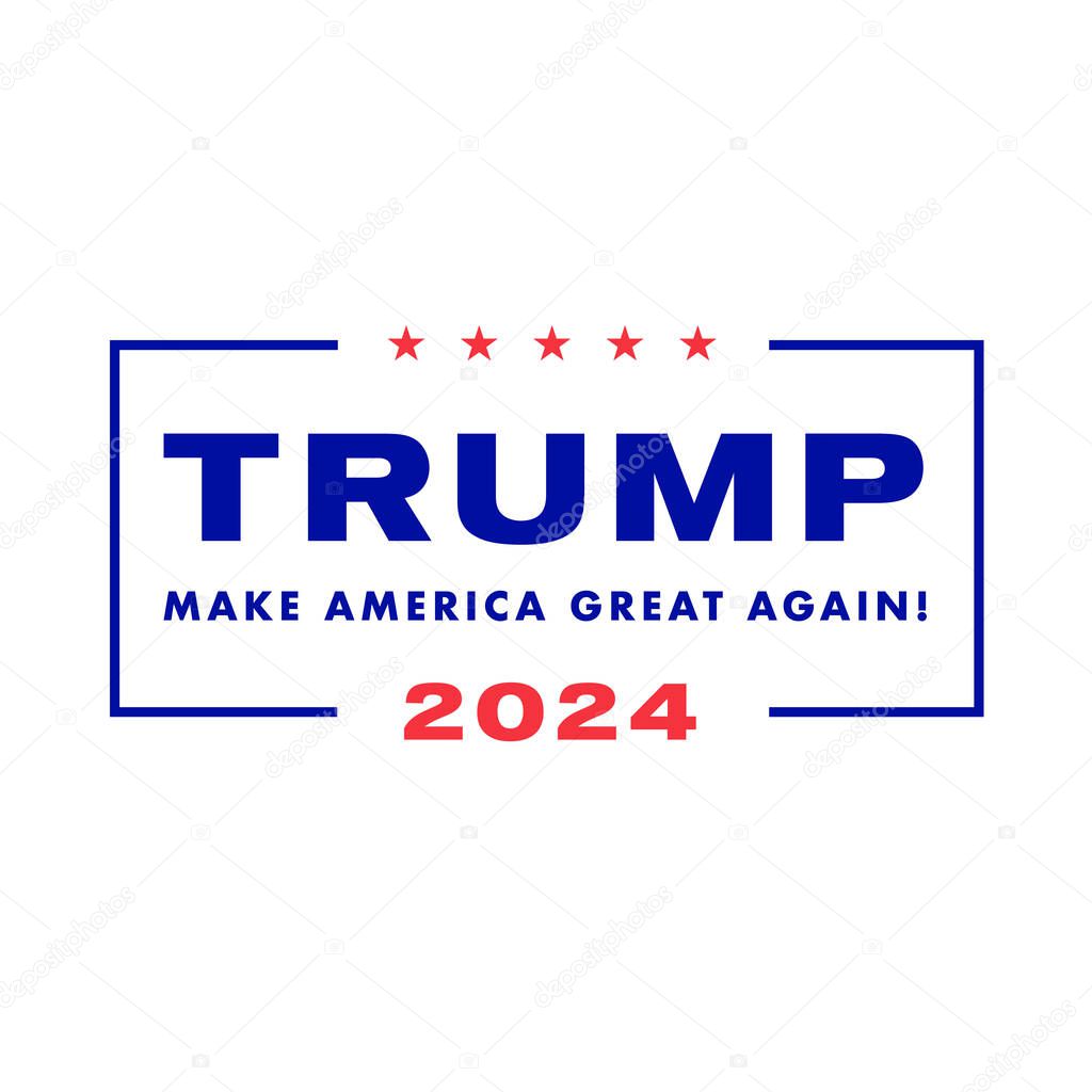 Apr 11, 2023 AUCKLAND, NEW ZEALAND: Illustration of former American president and Republican candidate Donald Trump campaign logo ticket with words Trump Make America Great Again 2024.