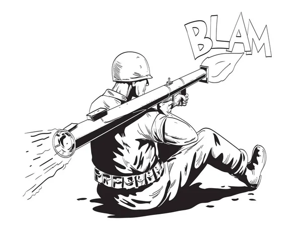 第二次世界大戦の漫画やイラストアメリカのGi兵士2人がバズーカを発射するか 黒と白のレトロなスタイルで隔離された背景にリアから見たストッピペ — ストックベクタ