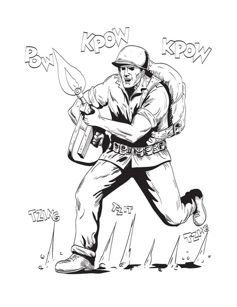 以黑白复古风格创作的具有步枪朝前跑的两名美国Gi士兵的漫画风格图画或插图 — 图库矢量图片