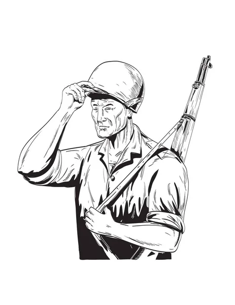 Comics Style Drawing Illustration World War Two American Soldier Tipping — Stock Vector