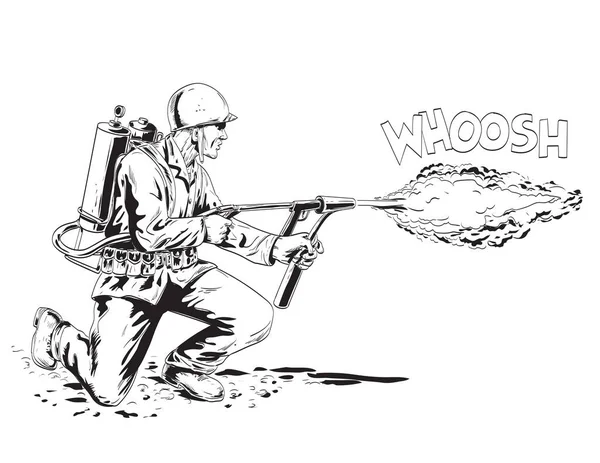 第二次世界大戦の漫画スタイルの図面やイラスト黒と白のレトロなスタイルで行われた孤立した背景にM2火炎放射器側のビューを発射2人のアメリカのGi兵士 — ストックベクタ