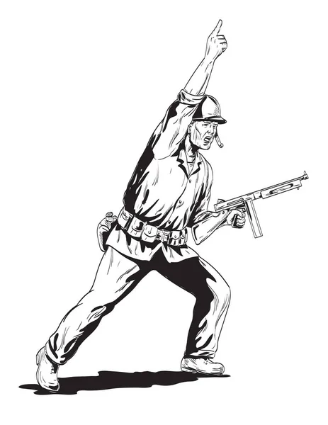 以黑白复古风格为背景 从侧面看具有来复枪前导装药的两名美国Gi士兵的漫画风格图画或插图 — 图库矢量图片