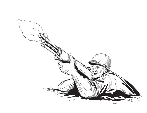 第二次世界大戦の漫画やイラスト黒と白のレトロなスタイルで行われた孤立した背景に低い角度で正面から見たライフルを発射することを目的とした2人のアメリカのGi兵士 — ストックベクタ