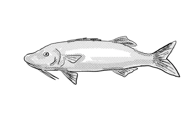 卡通画 Cartoon Line Drawing 是夏威夷和夏威夷群岛特有的一种鱼 背景为半色调 背景为黑白相间 呈半色调 — 图库照片