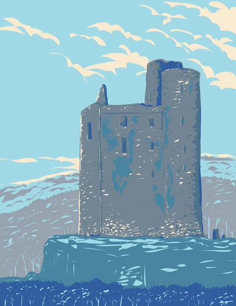 爱尔兰世界和平协会的Ballinalacken城堡海报艺术位于爱尔兰共和国克莱尔县Killilagh教区的一座两层塔楼 在工程项目管理或装饰艺术风格方面完成 — 图库矢量图片