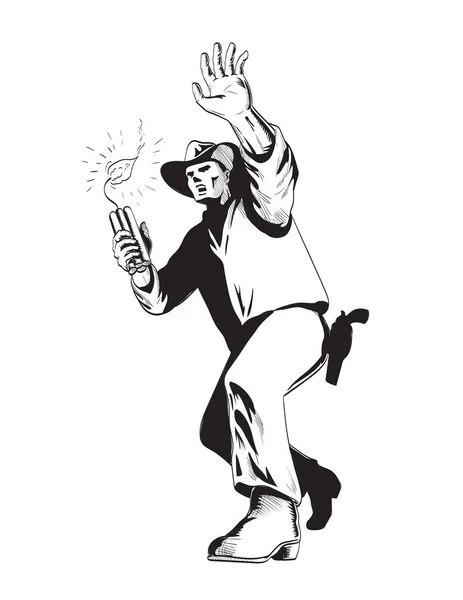 Рисунок Стиле Комиксов Иллюстрация Ковбоя Бросающего Кучу Динамитовой Палки Тротила — стоковый вектор