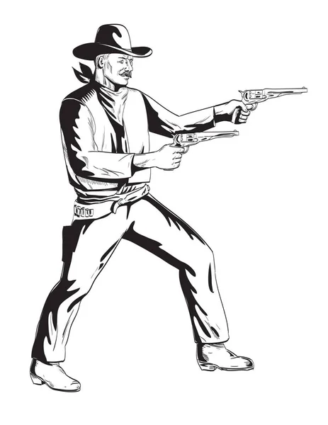 用两把手枪左轮手枪从侧面看黑色和白色复古风格的孤立背景的牛仔的漫画式图画或插图 — 图库矢量图片
