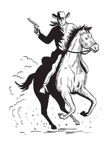 Disegno Stile Fumetto Illustrazione Cowboy Con Pistola Cavalcando Cavallo Galoppante — Vettoriale Stock
