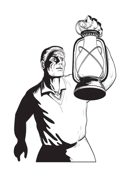 黒と白のレトロなスタイルで隔離された背景に低い角度から見た農民の灯や灯油ランプを保持している男の漫画のスタイルの絵やイラスト — ストックベクタ
