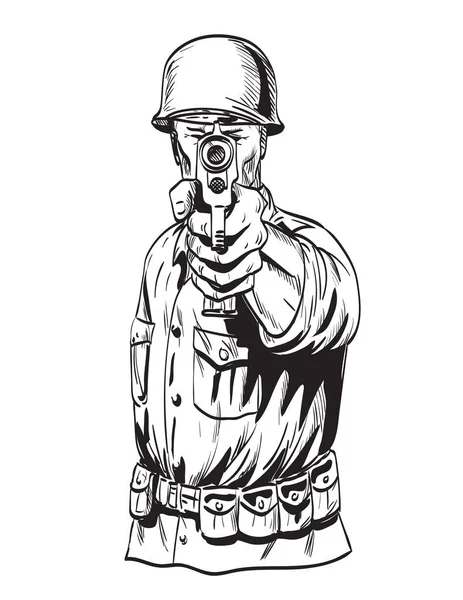 以黑白复古风格从正面孤立背景看两名美国Gi士兵瞄准手枪的漫画风格图画或插图 — 图库矢量图片