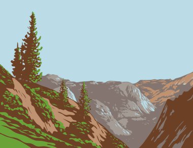 ABD 'nin Yosemite Ulusal Parkı' ndaki Yosemite Vadisi 'nin doğu ucundaki Buzul Noktası' ndan gösterilen Tenaya Canyon 'un WPA poster sanatı proje yönetimi veya Art Deco tarzında yapıldı.