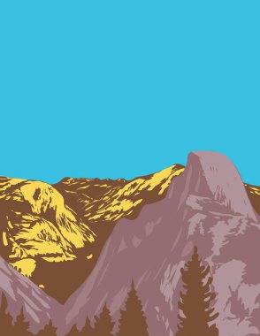 Yosemite Ulusal Parkı ABD 'de Yosemite Vadisi' nin doğu ucundaki Glacier Point 'ten gösterilen Tenaya Canyon ve Half Dome' un WPA poster sanatı çalışma projesi yönetimi veya Art Deco tarzı