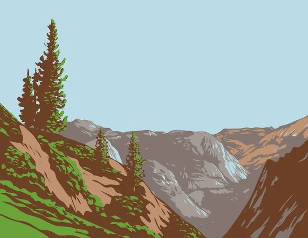 在美国加利福尼亚州约塞米蒂国家公园的约塞米蒂谷东端的冰川点上 从工程管理或装饰艺术风格的作品中观看世界和平协会的Tenaya Canyon海报艺术 — 图库矢量图片