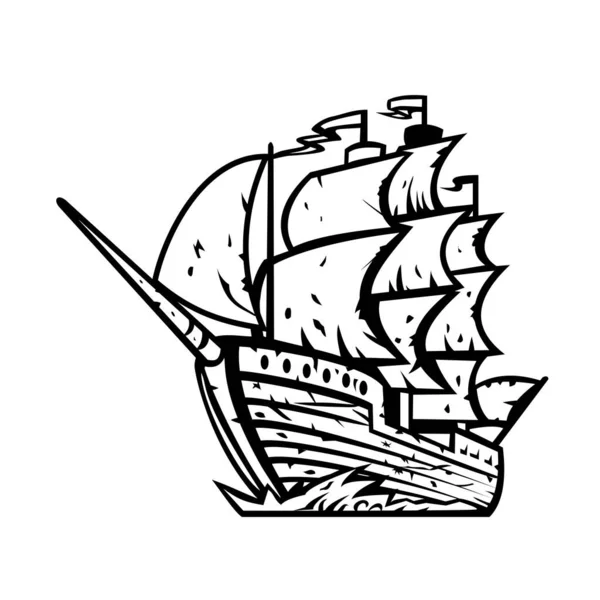 レトロな木版画風のイラストエル カルーチェ 魅惑の船 バルコイチェ ゴーストシップ またはチリ南部のチリのチリ神話からのウォーロック船孤立した背景 — ストックベクタ