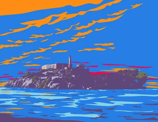 Wpa Affisch Konst Alcatraz Island Med Fyr Militär Befästning Och — Stock vektor