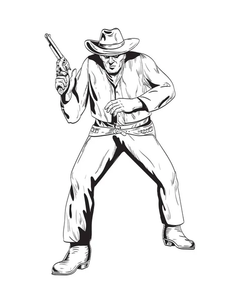 用手枪在枪战中画的牛仔的漫画或插图 从正面看 背景孤立 为黑白复古风格 — 图库矢量图片
