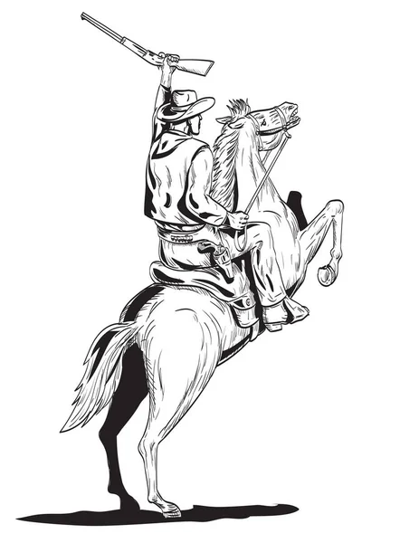 Dibujo Estilo Cómico Ilustración Vaquero Sosteniendo Rifle Montando Caballo Paseo — Vector de stock