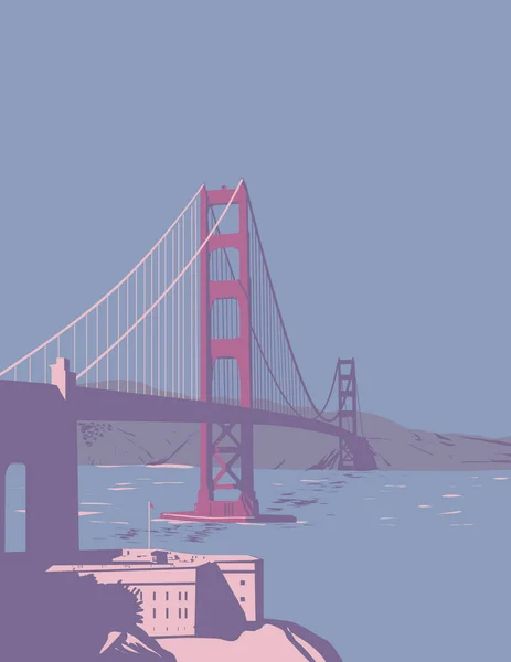 サンフランシスコ湾と太平洋を結ぶゴールデンゲートブリッジのWpaポスターアートサンフランシスコとカリフォルニア州マリン郡を結ぶ作品プロジェクト管理やアール デコ様式で行われた — ストックベクタ