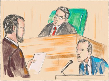 Pastel pencil pen and ink sketch illustration of a courtroom trial setting with judge, lawyer, defendant, plaintiff, witness and jury on a court case drama in judiciary court of law and justice. clipart