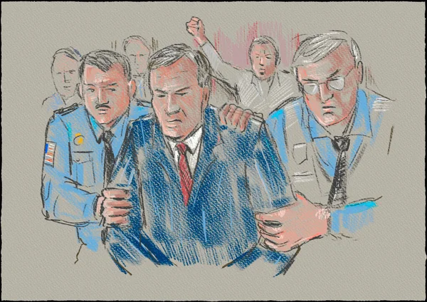 Pastel Pencil Pen Ink Sketch Illustration Defendant Being Led Out — Stock Photo, Image