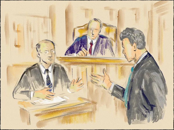 Pastellstift Und Tuschezeichnung Illustrieren Eine Gerichtsverhandlung Mit Richter Anwalt Beklagtem — Stockfoto