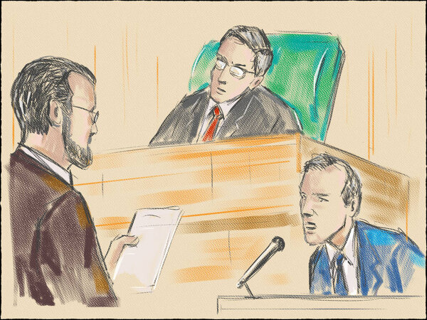 Пастельная карандашная ручка и чернильная набросок иллюстрации судебного разбирательства с участием судьи, адвоката, ответчика, истца, свидетеля и присяжных в судебной драме.