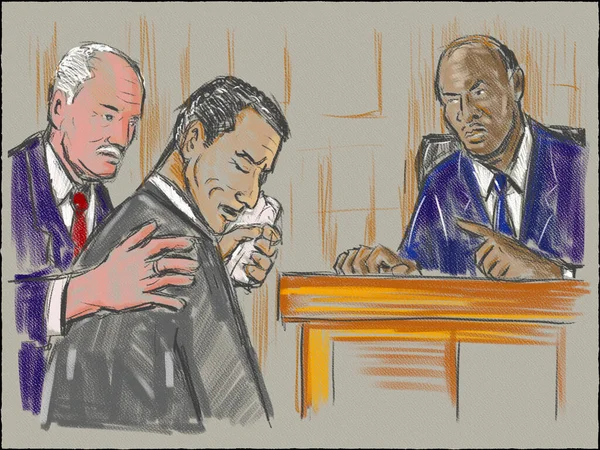 Pastelowy Długopis Szkic Szkicu Przedstawiający Proces Sądowy Czarnym Sędzią Afroamerykanów — Zdjęcie stockowe