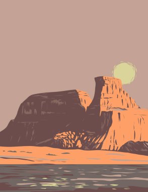 WPA 'nın, Kane County, Utah ABD' de bulunan Glen Canyon Ulusal Rekreasyon Bölgesi 'nde bulunan Powell Gölü' ndeki Gunsight Butte posterinin çalışma projesi yönetimi veya Art Deco tarzı.