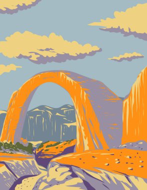 WPA poster sanatı Gökkuşağı Köprüsü Ulusal Anıtı Glen Canyon Ulusal Rekreasyon Alanı San Juan County, Utah ABD 'de yer alan çalışma projesi yönetimi veya Art Deco tarzı.