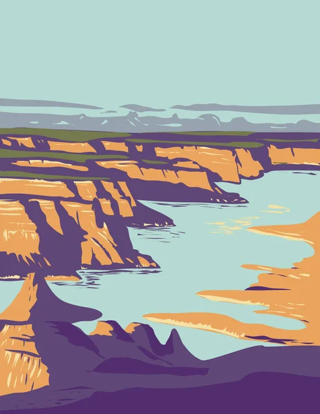 美国犹他州和亚利桑那州Kaiparowits高原Canyon国家娱乐区Powell Glen湖的Wpa海报艺术 作品项目管理或装饰艺术风格 — 图库矢量图片