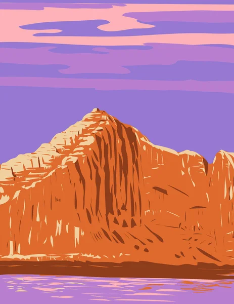 南ユタ州ケイン郡のグレンキャニオン国立レクリエーションエリアにあるキャッスルロック砂岩の頂上のWpaポスターアート作品プロジェクト管理やアール デコ様式で — ストックベクタ