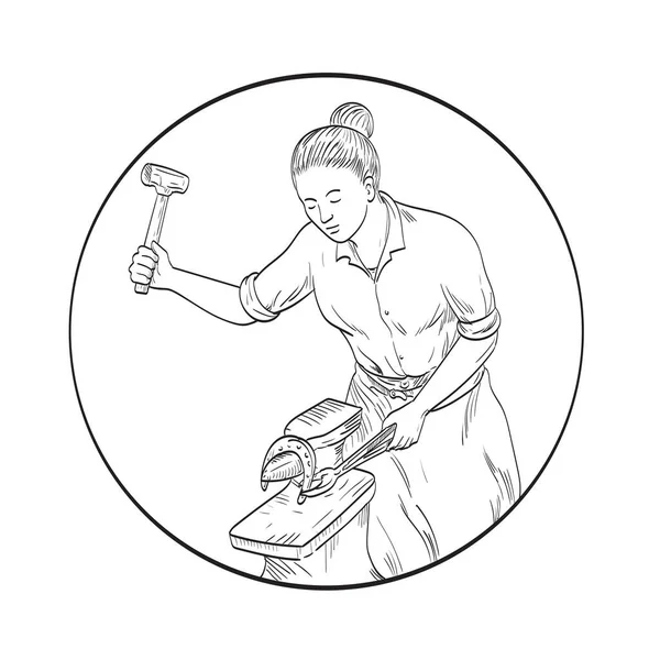 Σχέδιο Στυλ Κόμικς Εικονογράφηση Μιας Γυναίκας Σιδηρουργός Farrier Που Εργάζονται — Διανυσματικό Αρχείο