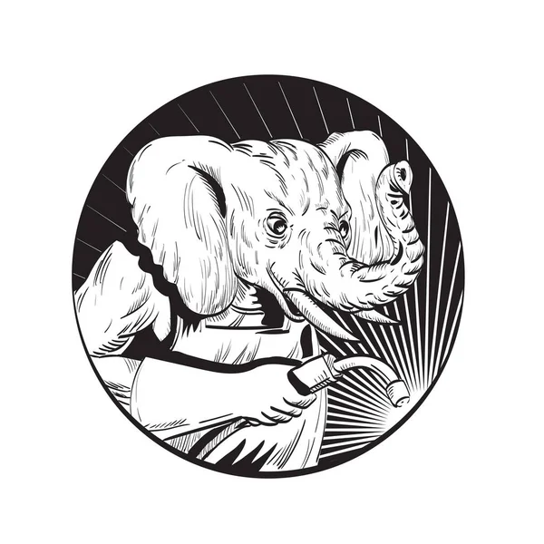 Рисунок Линии Эскиз Стиля Сварщика Слонов Сварочной Горелкой Рассматривается Бокового — стоковый вектор