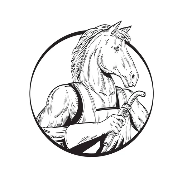 Line Drawing Sketch Style Illustration Horse Stallion Welder Welding Torch — Stock Vector