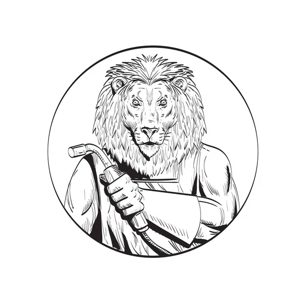 Рисунок Линии Эскиз Стиль Иллюстрации Льва Сварщика Сварочной Горелкой Рассматривается — стоковый вектор