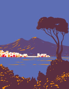 WPA poster art of Pine of Naples with a view of the city and the Gulf or Bay of Naples with Mount Vesuvius in the background at dusk in Italy done in works project administration or Art Deco style. clipart