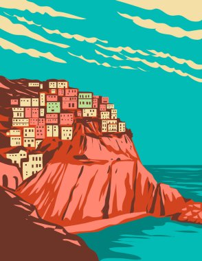 İtalya 'nın kuzeybatısında La Spezia Eyaleti' nin batısında Liguria 'da Cinque Terre' de Manarola 'nın WPA poster sanatı iş projesi yönetiminde veya Art Deco stilinde yapıldı..