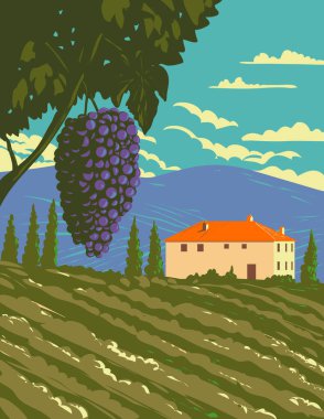 Tuscany kırsal kesiminde üzüm bağı ve üzüm bağının WPA poster sanatı orta İtalya 'da çalışma projesi yönetiminde veya Art Deco stilinde yapılan villa.