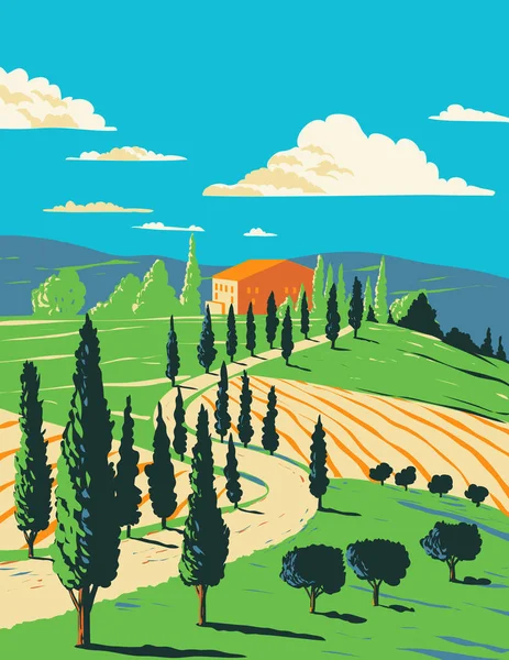 Wpa Plakatkunst Eines Weinbergs Der Toskanischen Landschaft Mit Einer Villa — Stockvektor