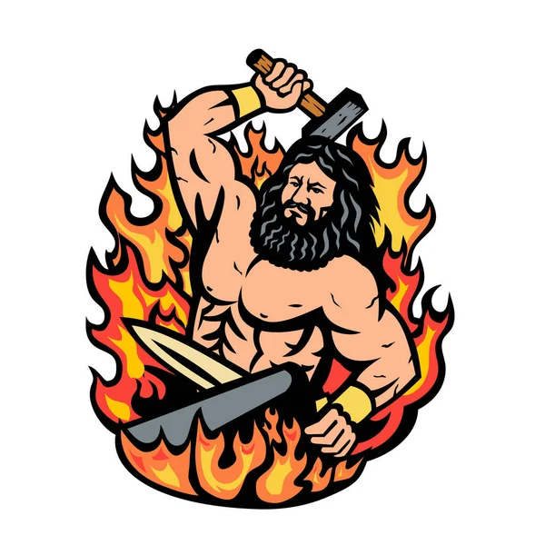 赫菲斯托斯希腊锻造和火之神的吉祥物图片说明 他挥舞着铁匠铁锤 在铁锹上锻造剑矛 炉火熊熊 背景离奇 仿照卡通画风格 — 图库矢量图片