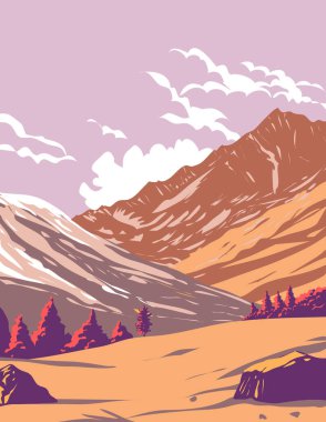 WPA Gran Paradiso Ulusal Parkı 'nın sonbahar dönemi poster sanatı ya da İtalya' nın Aosta Vadisi ve Piedmont bölgeleri arasındaki Graian Alpleri 'nde çalışma projesi yönetimi ya da Art Deco tarzı.