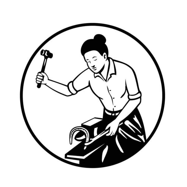 Illustrazione Mascotte Della Testa Fabbro Contadino Donna Che Lavora Ferro — Vettoriale Stock