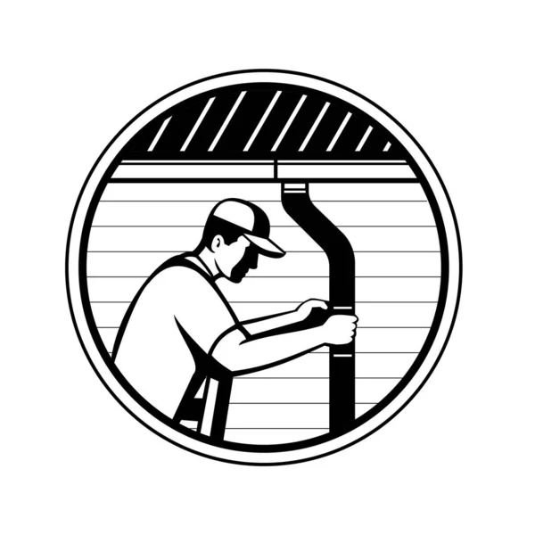 Εικονογράφηση Ρετρό Στυλ Ενός Υδραυλικού Οροφής Εργολάβος Στέγη Εγκατάσταση Υδρορροές — Διανυσματικό Αρχείο