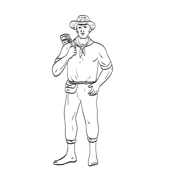 漫画风格的图画或插图 描述一位菲律宾男性农民头戴一顶帽子站在前面 背景孤立 穿着黑白复古风格 — 图库矢量图片