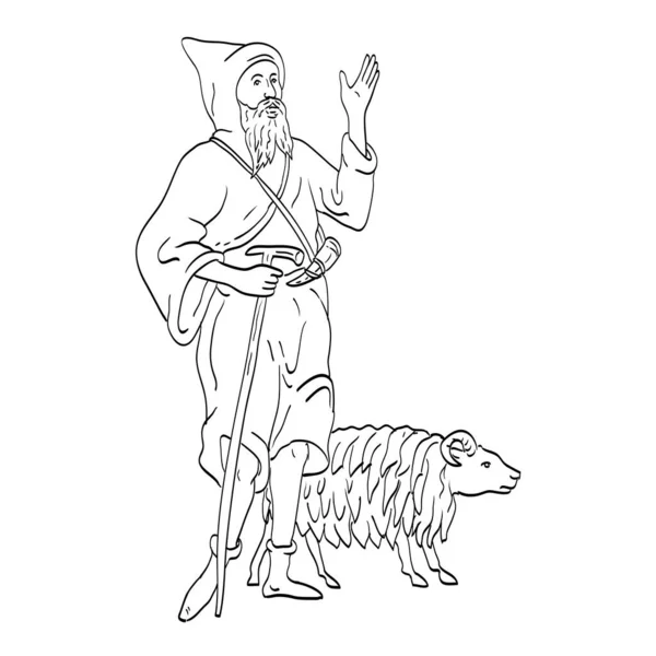 Лінійний Малюнок Ілюстрація Середньовічного Пастуха Або Козиного Пастуха Персоналом Вівцями — стоковий вектор