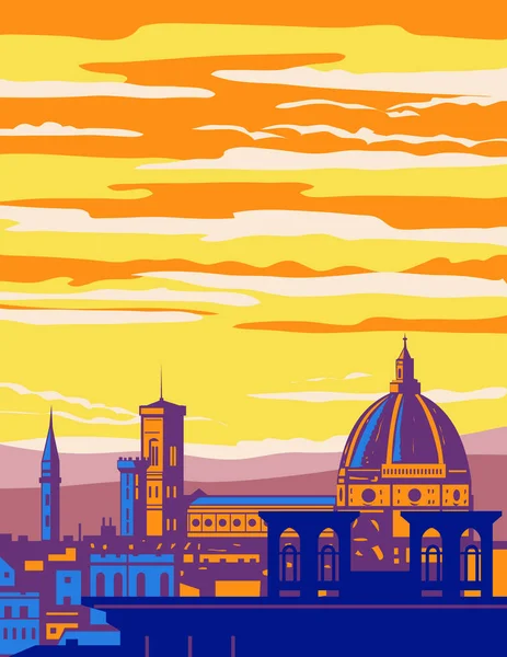 ブルネッレスキのドーム ジョットのサンタ マリア フィオーレ大聖堂のカンパーニャを持つフィレンツェのWpaポスターアートトスカーナのミケランジェロ ヒルから見たイタリアはアール デコ様式で行われました — ストックベクタ