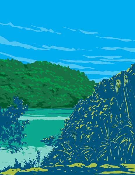Affiche Art Wpa Balinsasayao Twin Lakes Natural Park Entourant Lac — Image vectorielle