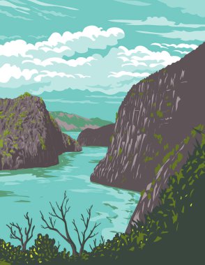 Filipinler 'in kuzeyindeki Calamian Adaları' ndaki Kayangan Gölü 'ne kadar uzanan Coron Island Cove manzaralı WPA poster sanatı proje yönetimi veya Art Deco tarzında yapılmıştır.